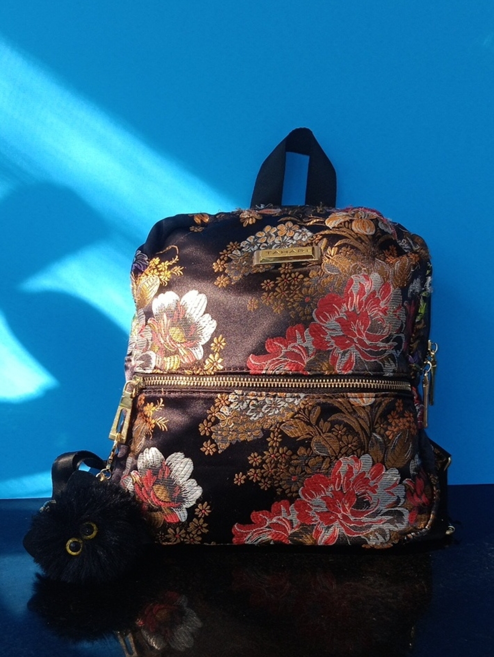 Tahari Black Floral Embroidered Mini Backpack with Red Gold Accents Size 9+10+5